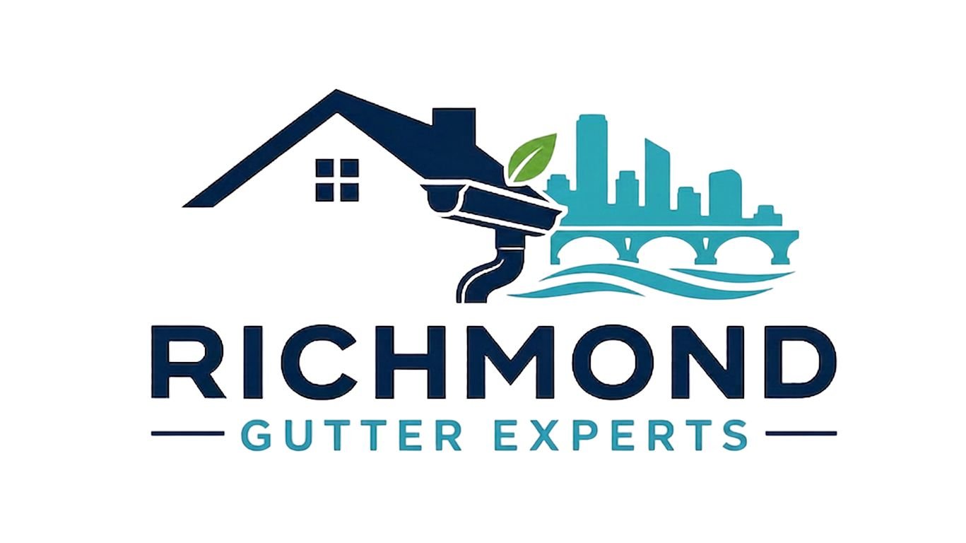 An image showing Gutters and down sprout on a home with text richmond gutter experts