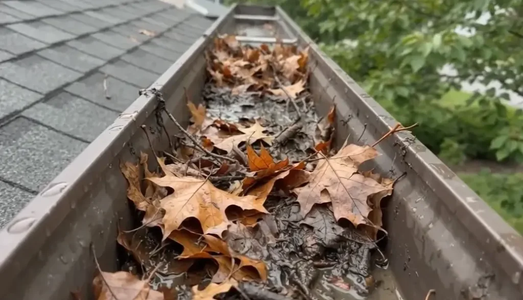 Gutter packed with dirt, leaves, and debris on a Richmond, VA home
