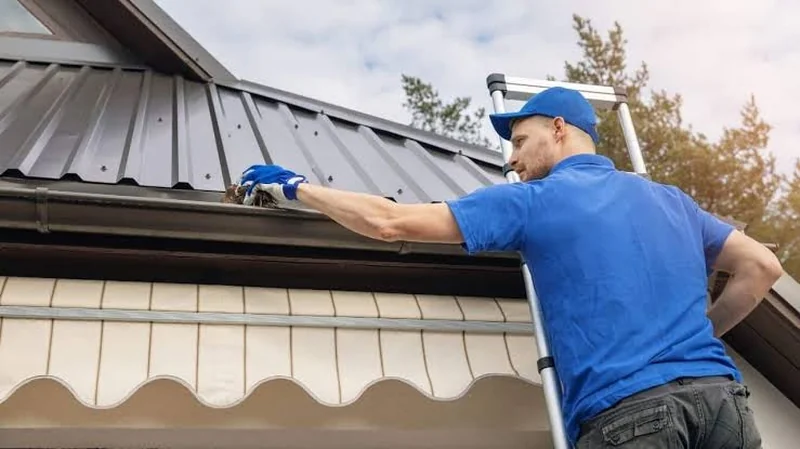 Technician cleaning gutters on a commercial property in Richmond, VA