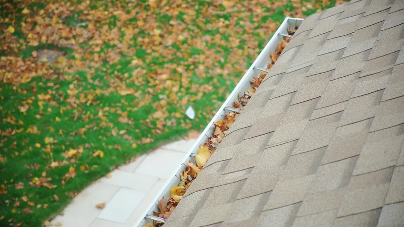 Close-up of a clogged gutter drain filled with dirt and fallen leaves
