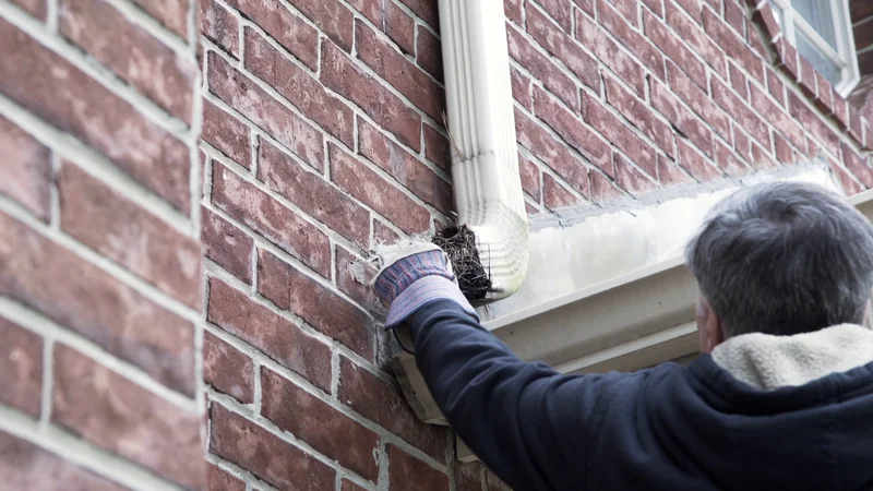 Clearing debris from a downspout on a Richmond, VA home